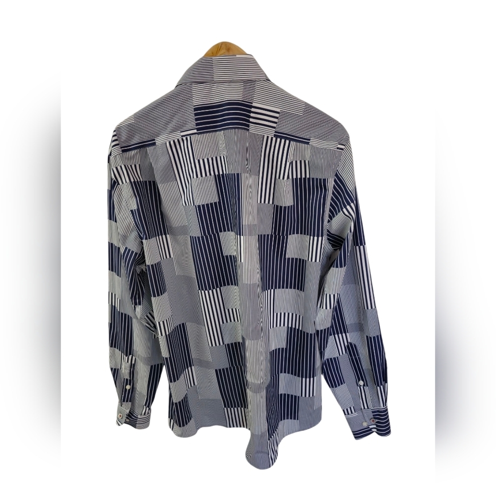 Tommy Hilfiger Men's Blue Block Stripes Long Sleeve Shirt Supima Cotton SZ Large - Picture 4 of 12